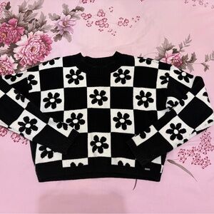 Hollister Black & White Floral Check Knit Sweater